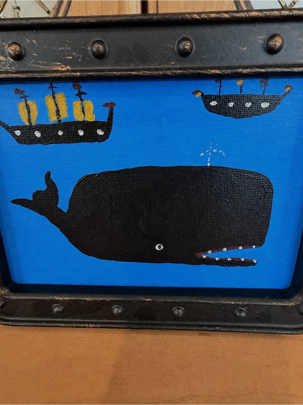 Original Folk Art Whale Painting | Framed Nautical 5x7 Canvas, Classic Nantucket - Picture 5 of 6